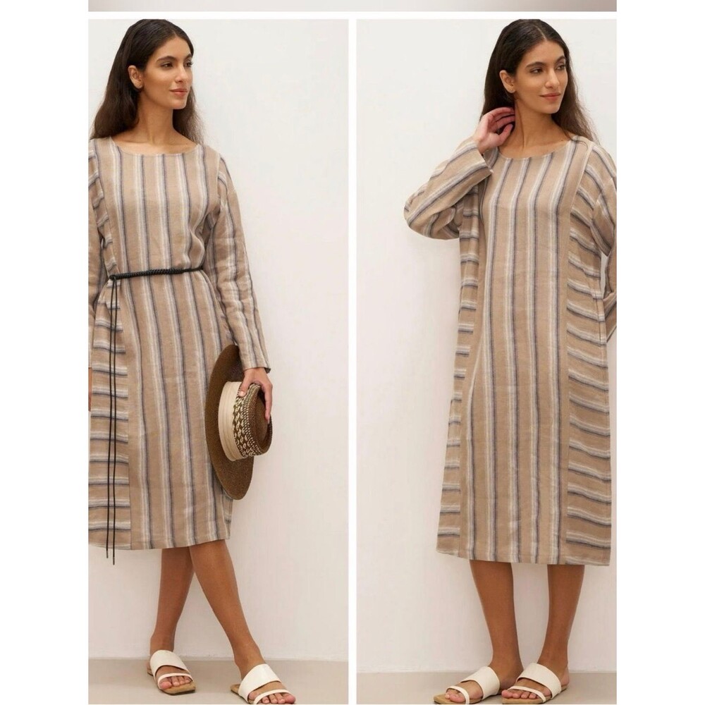 Lintico 100% Linen Striped Crossweave Midi Dress Brown Blue M
